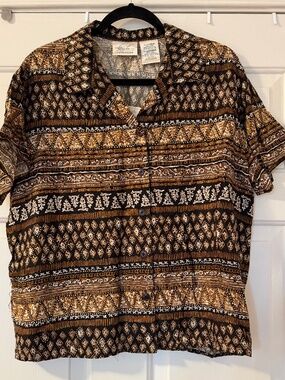NWT Vintage Kathie Lee Collection Geometric Button-Up Shirt Women's Large Brown